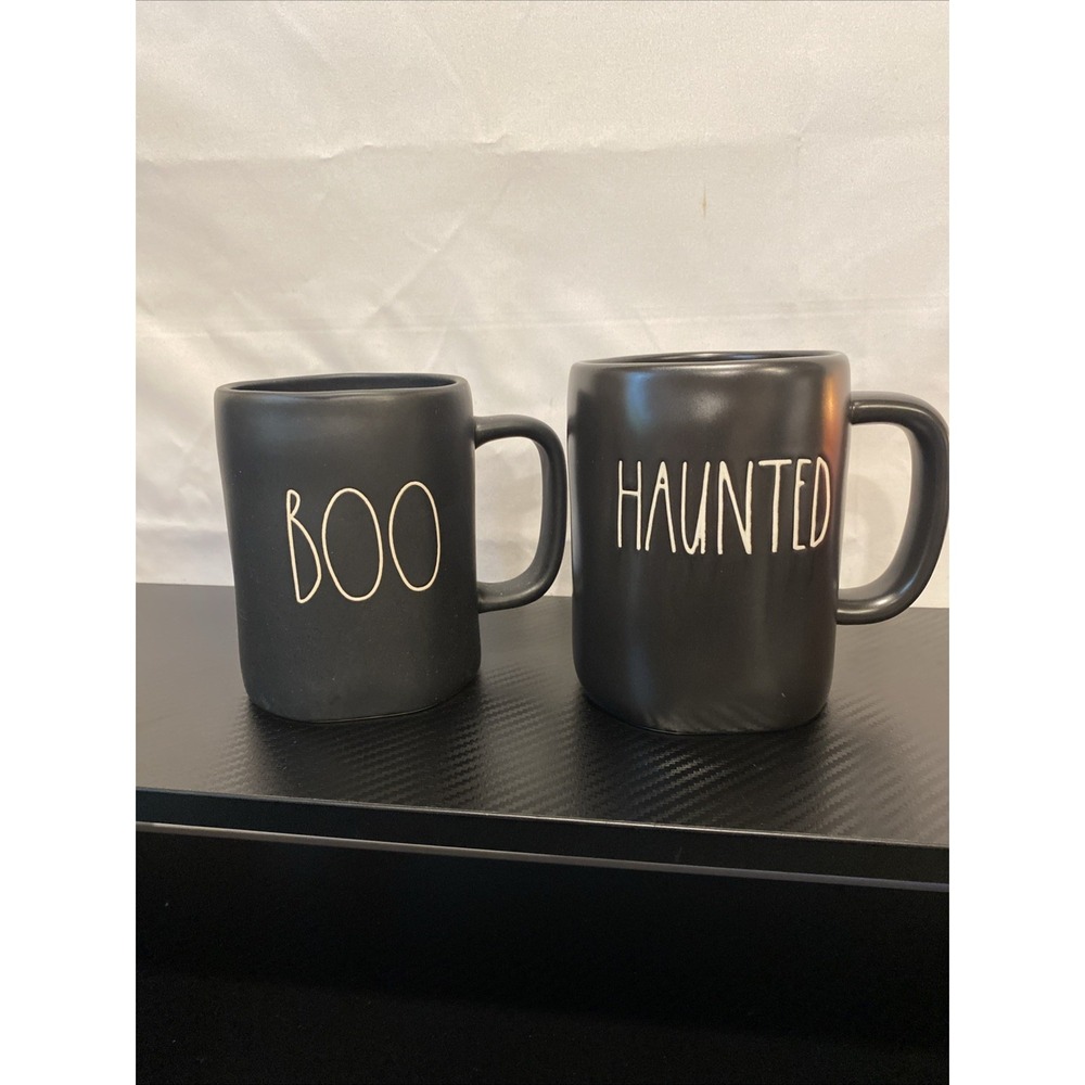 Set Of 2 Rae Dunn Artisan Collection HAUNTED &‎ BOO Black Halloween Mugs
